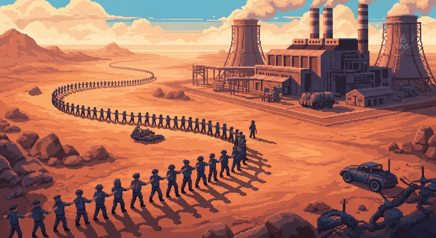 An overhead view of a long, winding chain of people with linked arms, snaking th