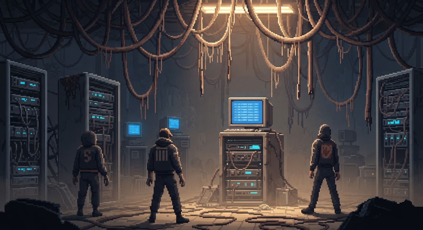 A dusty, abandoned server room. Thick cables hang like vines from the ceiling, t