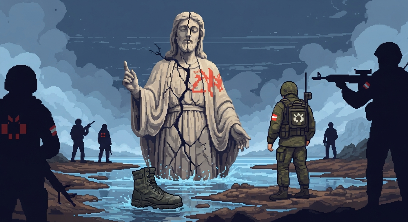 A cracked statue of a religious figure, half-submerged in muddy water, with a mo