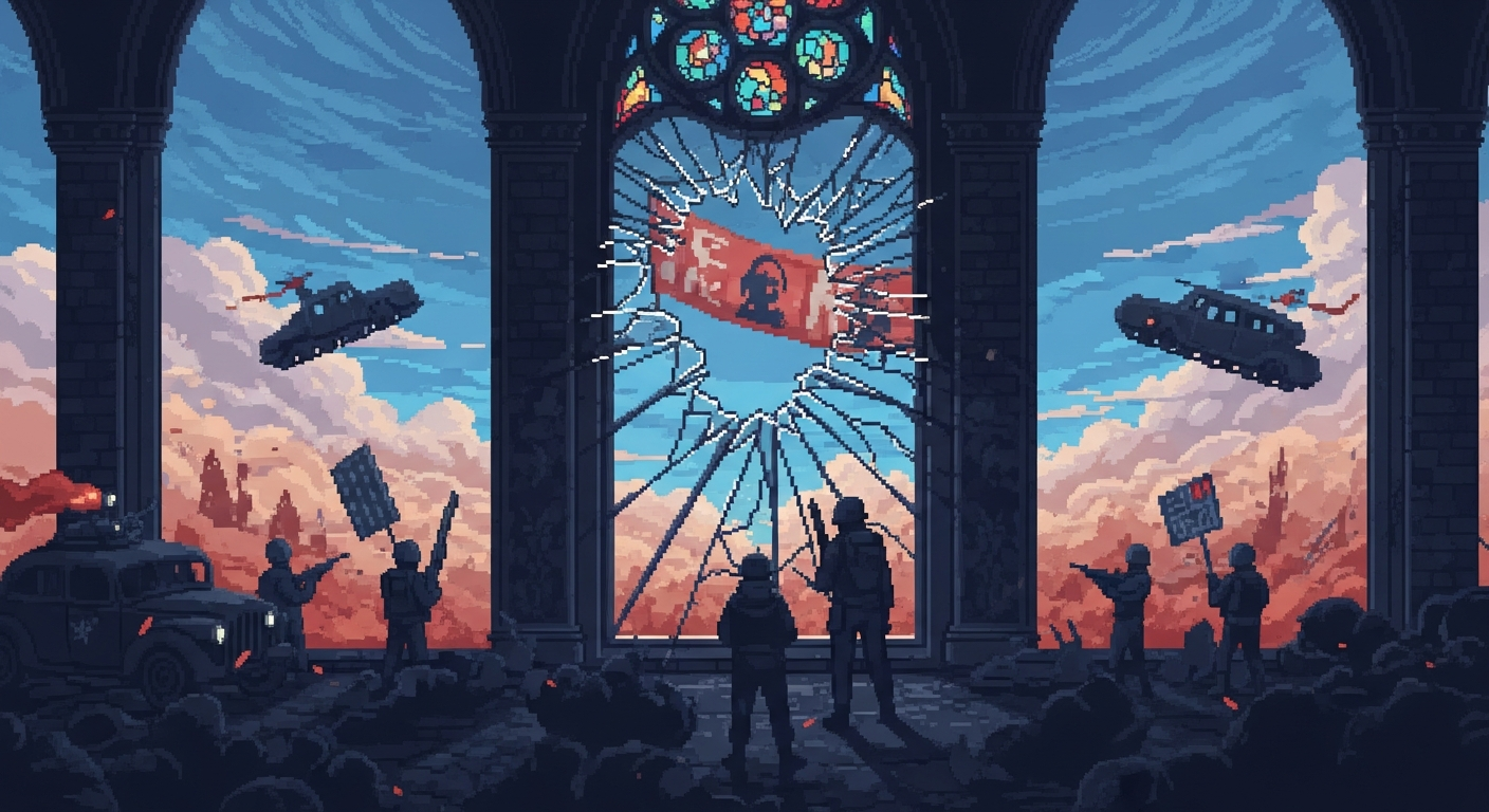 A cracked stained-glass window with a political rally banner visible through the